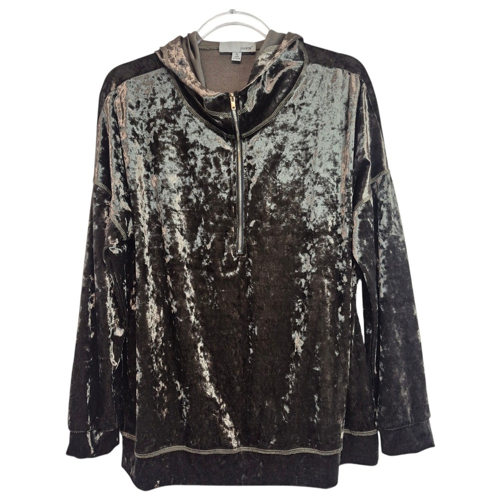 Luukse Womens XL Brown Crushed Velvet Quarter Zip Hoodie Pullover L9602081